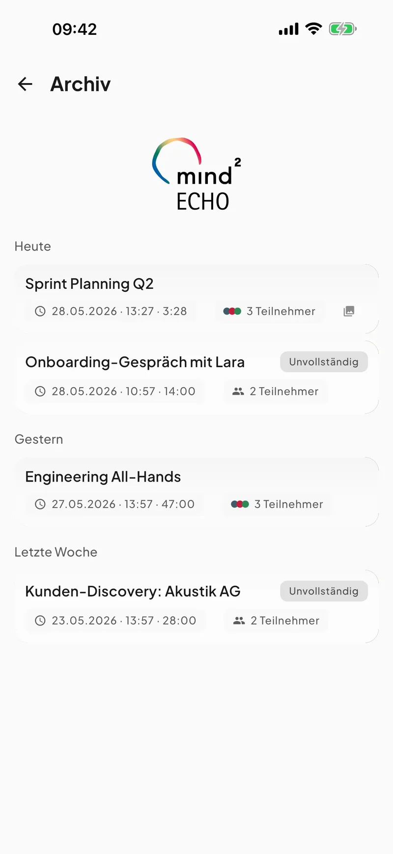 Liste der aufgenommenen Meetings