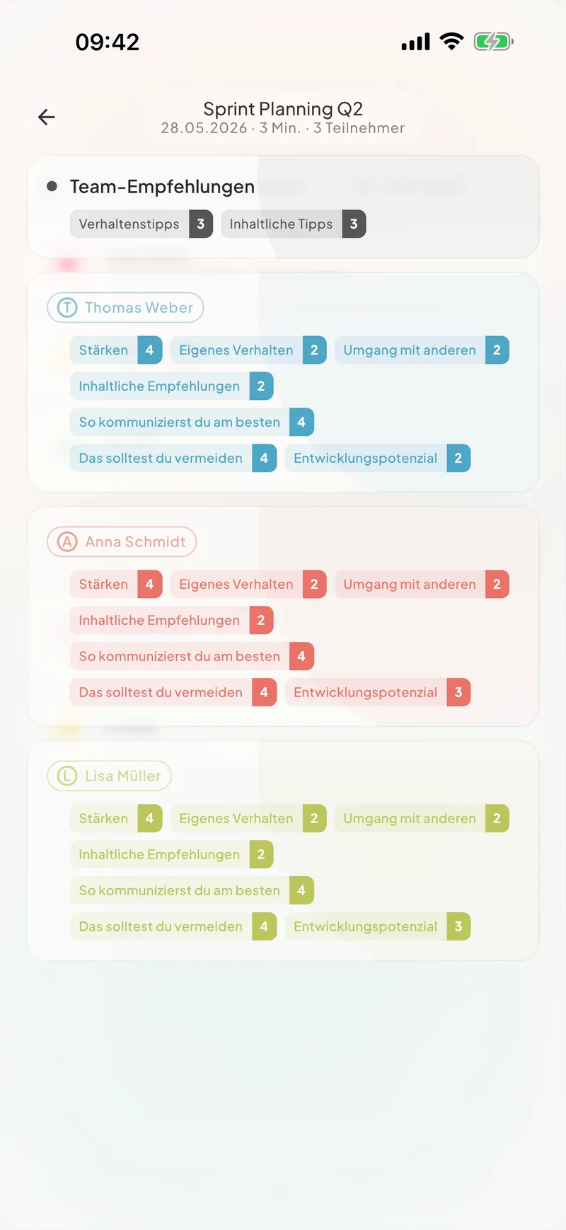 Coaching-Empfehlungen pro Sprecher mit Zitaten